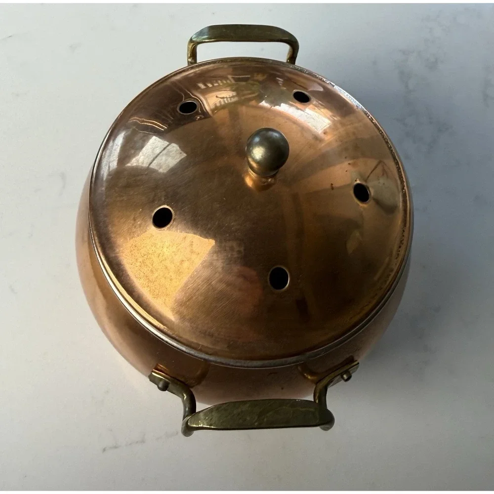 Vintage Copper Potpouri Pot / Garlic Keeper with Lid and Brass Handles
